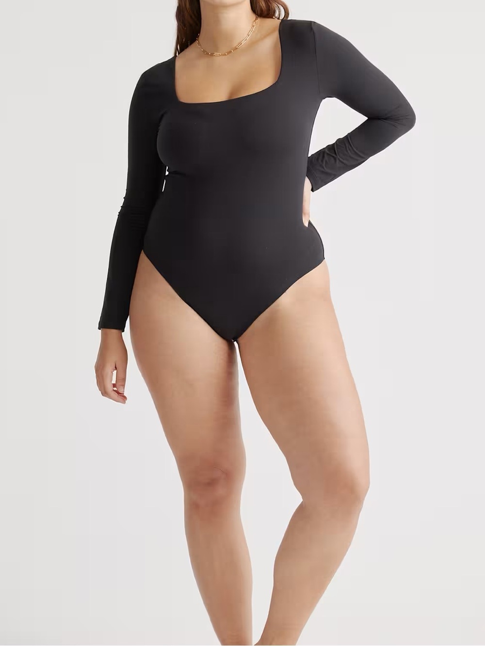 Quince Second Skin Black Long Sleeve Square Neck Bodysuit